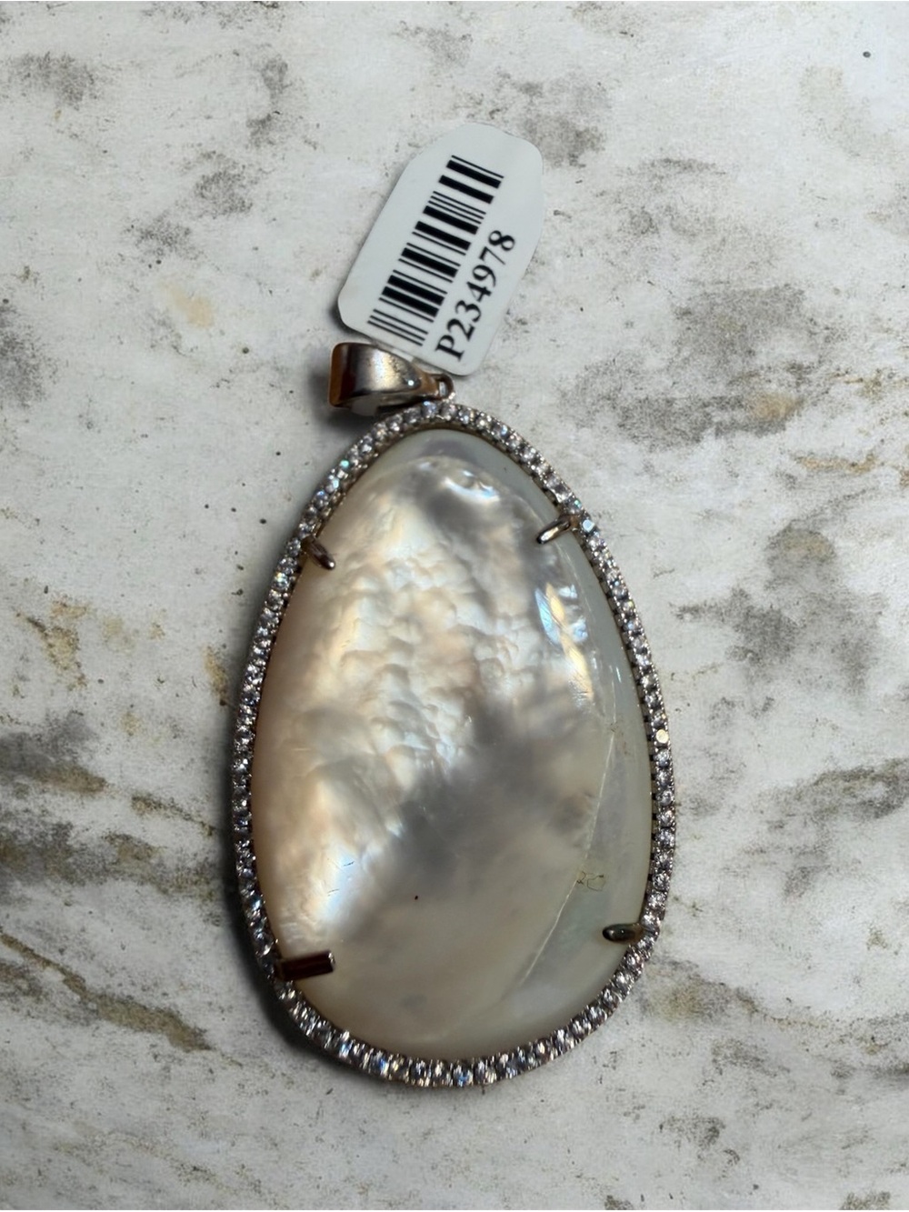 Elegant White Mother-of-Pearl Sterling SilverTeardrop Pendant with Pavé Crystals